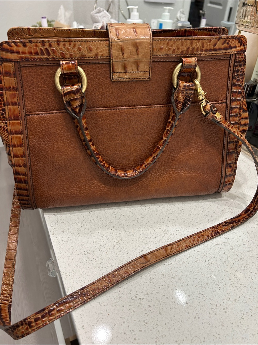 Brahmin Cognac Brown Leather Satchel with Croc-Embossed Trim and Gold Hardware. - Picture 4 of 6